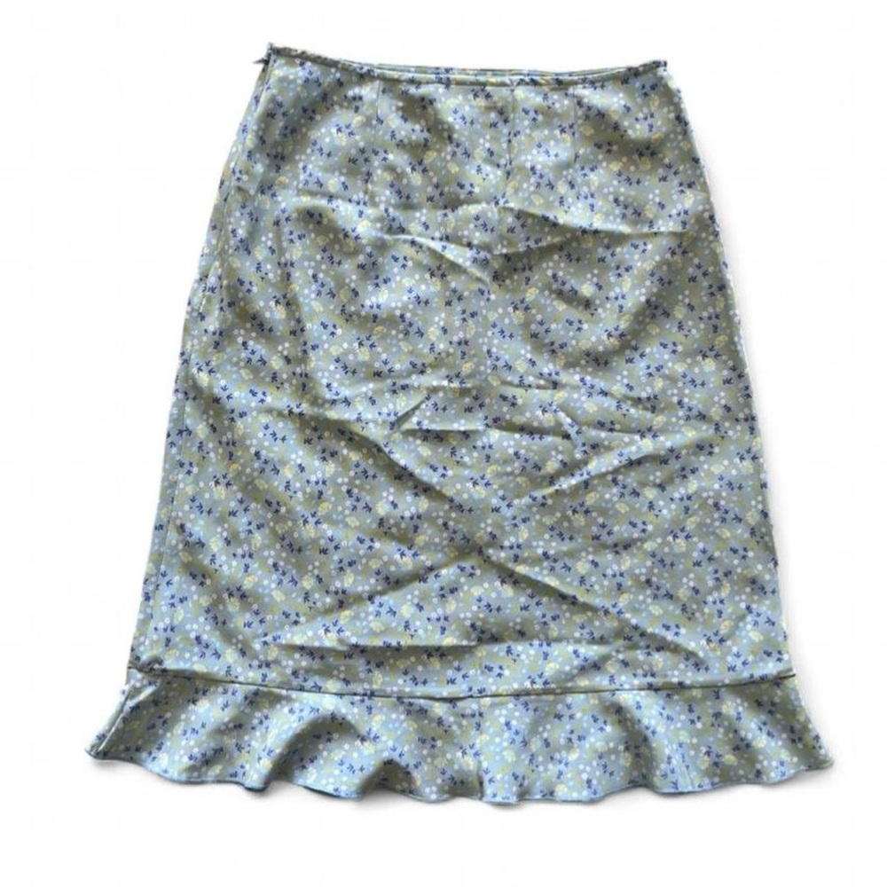 Y2K Express Blue Floral Midi Skirt with Ruffle Hem